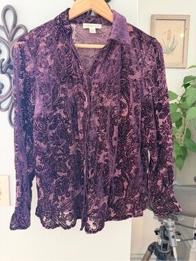 Coldwater Creek Purple Paisley Velvet Burnout Button-Down Top